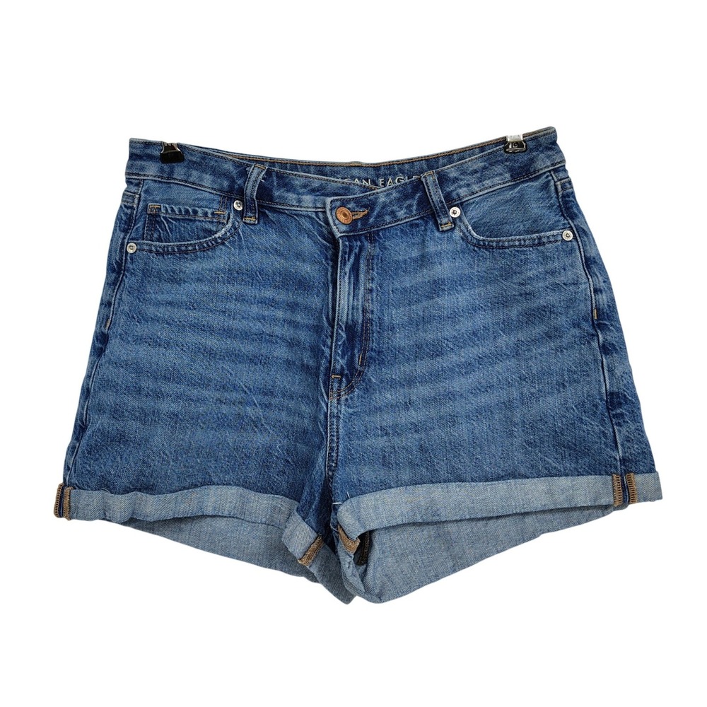 American Eagle Mom Shorts Women 10 Blue High Rise Cuffed Denim Medium Wash